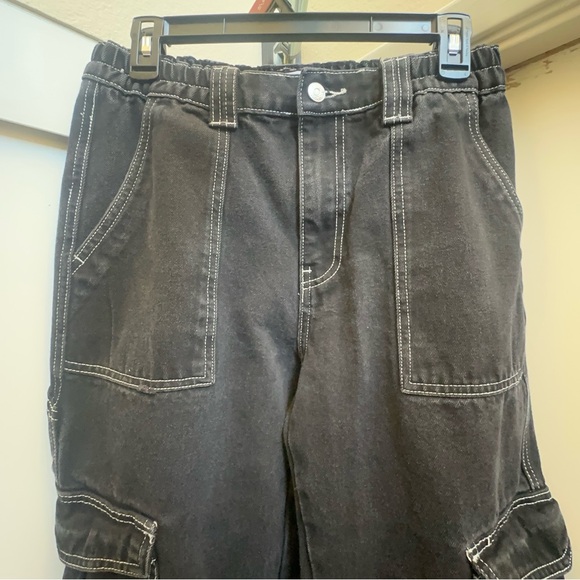 Black Heavy Denim Wide Leg Cargo Pants with White Stitching - Picture 5 of 9